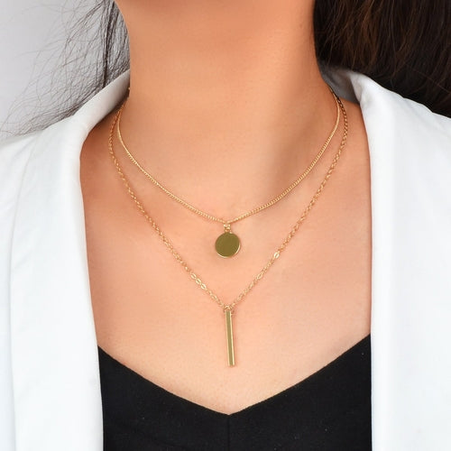 2 pcs Trendy Daily Gold Chain Disc Stick Charm Necklace Minimalist ferrersa