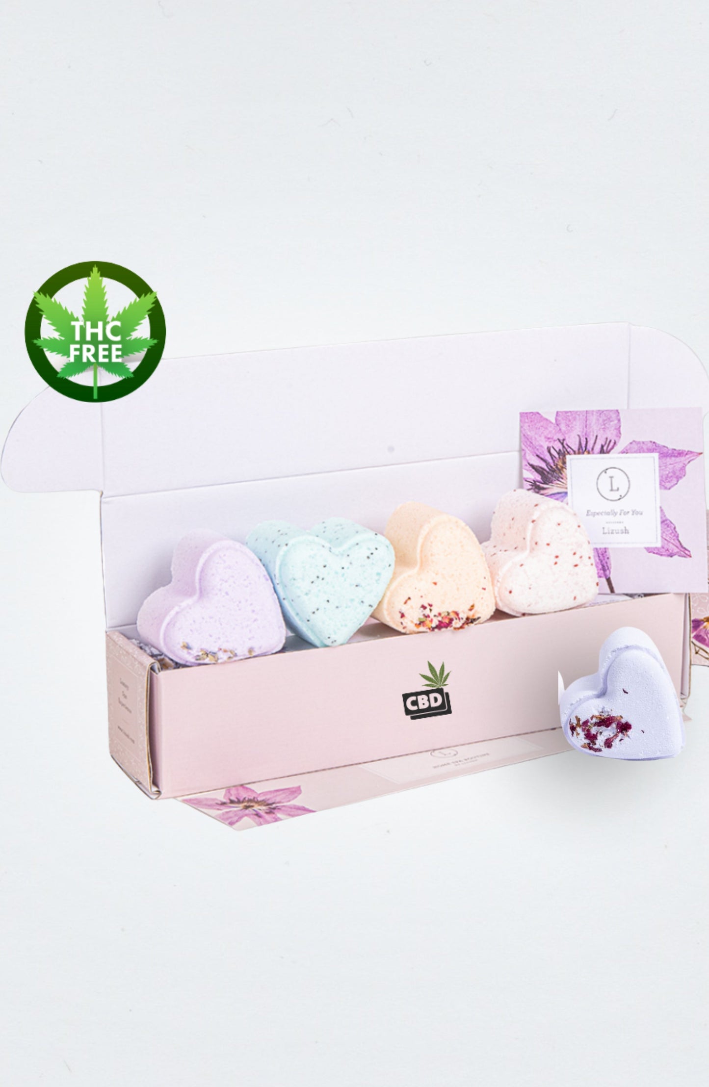 Bath Bombs with CBD -  5 Hearts Shaped with CBD - in a Gift Box - Can be personalized. (THC free) Lizush soap