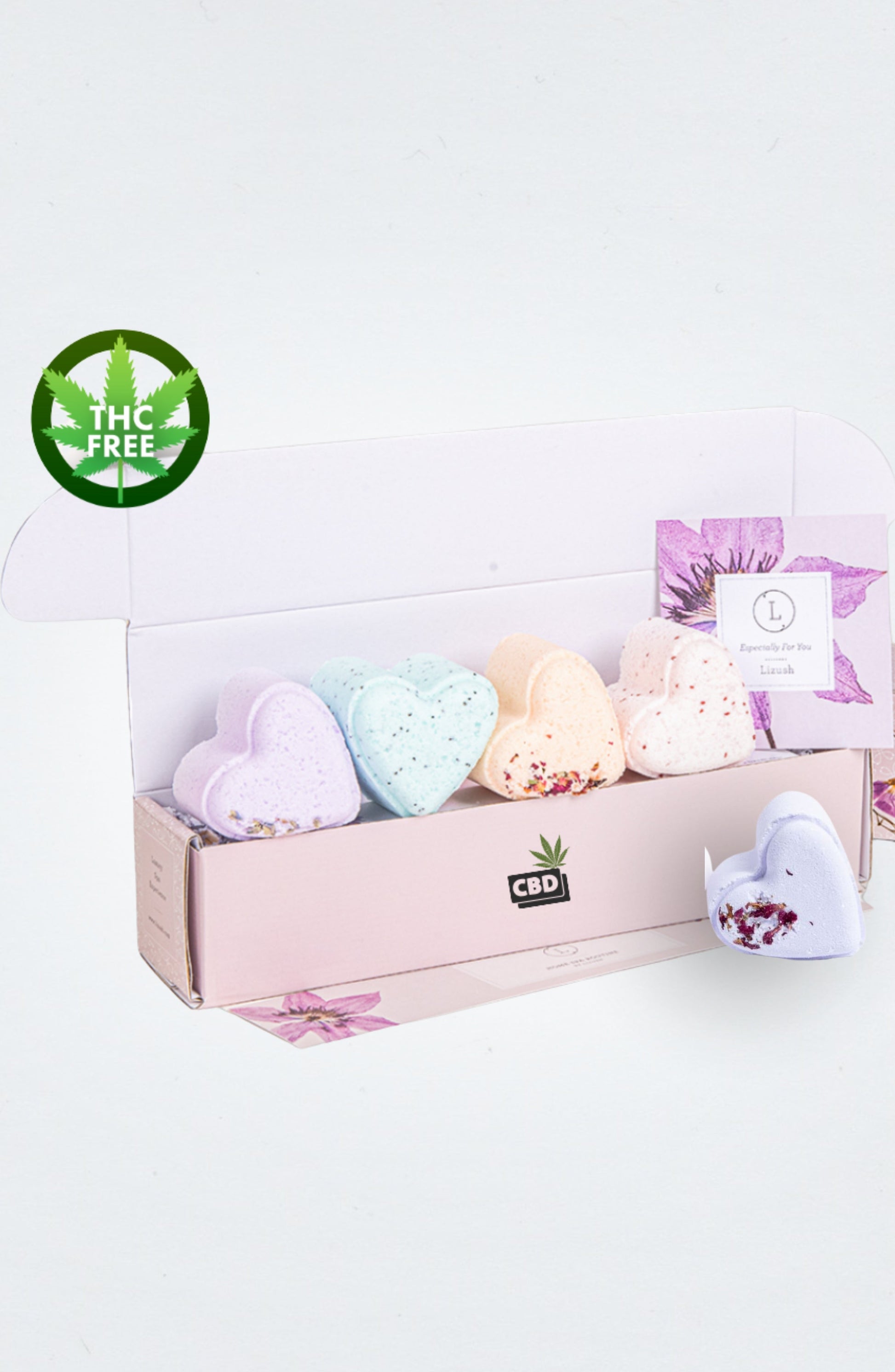 Bath Bombs with CBD -  5 Hearts Shaped with CBD - in a Gift Box - Can be personalized. (THC free) Lizush soap