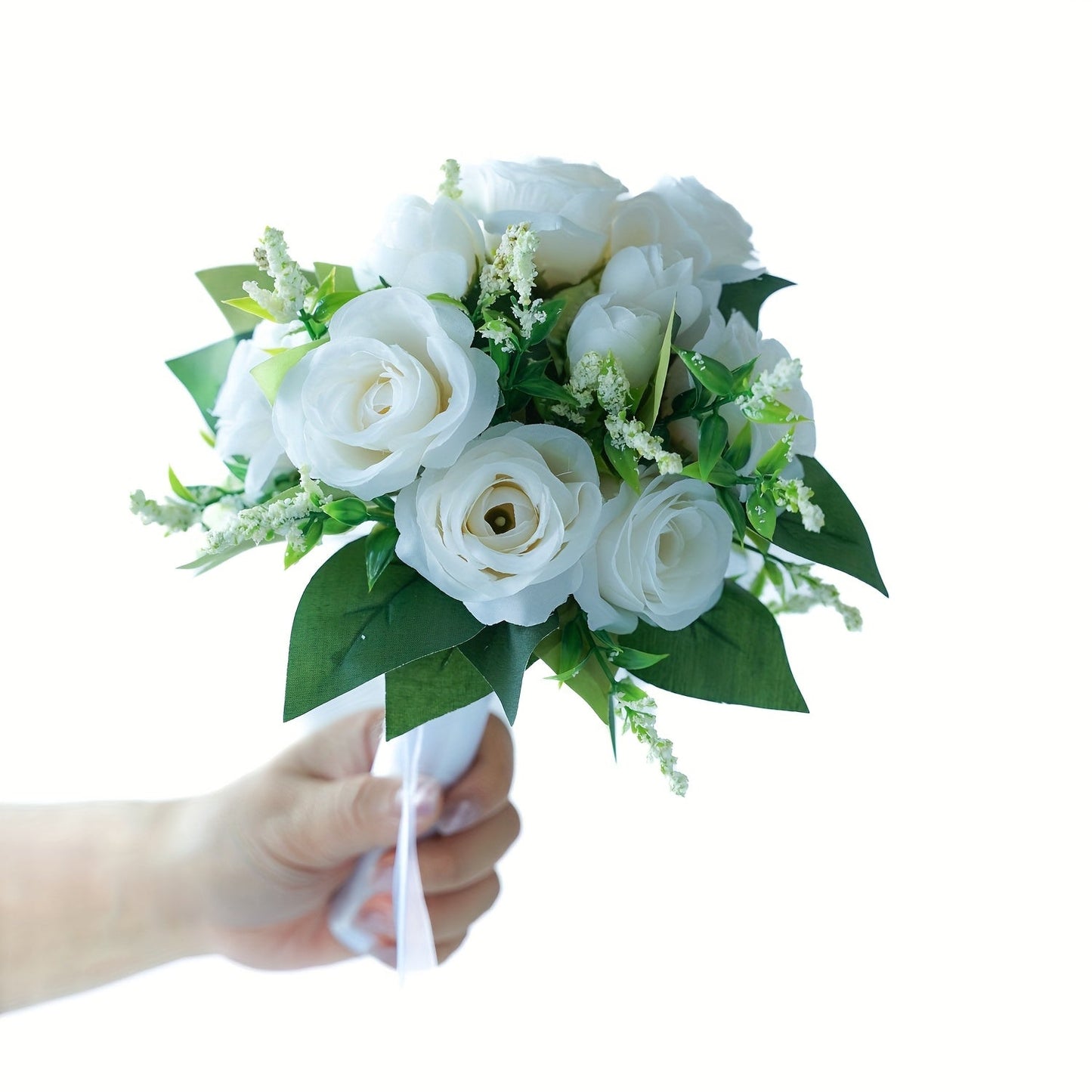 One Elegant Fake Rose Bouquet for The Bride Or Bridesmaid, Measuring 9.8 by 8.6 Inches, Featuring Simulated Roses with Green Foliage And Ribbon Decoration, Ideal for Weddings, Engagements, Parties, And As a Gift for Anniversa ferrersa