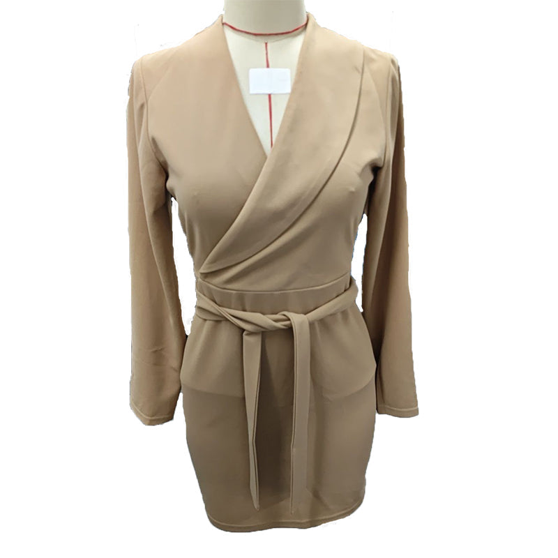Women's V-Neck Short Dress With Pockets - Long Sleeve Belted Casual Fall Dress ferrersa