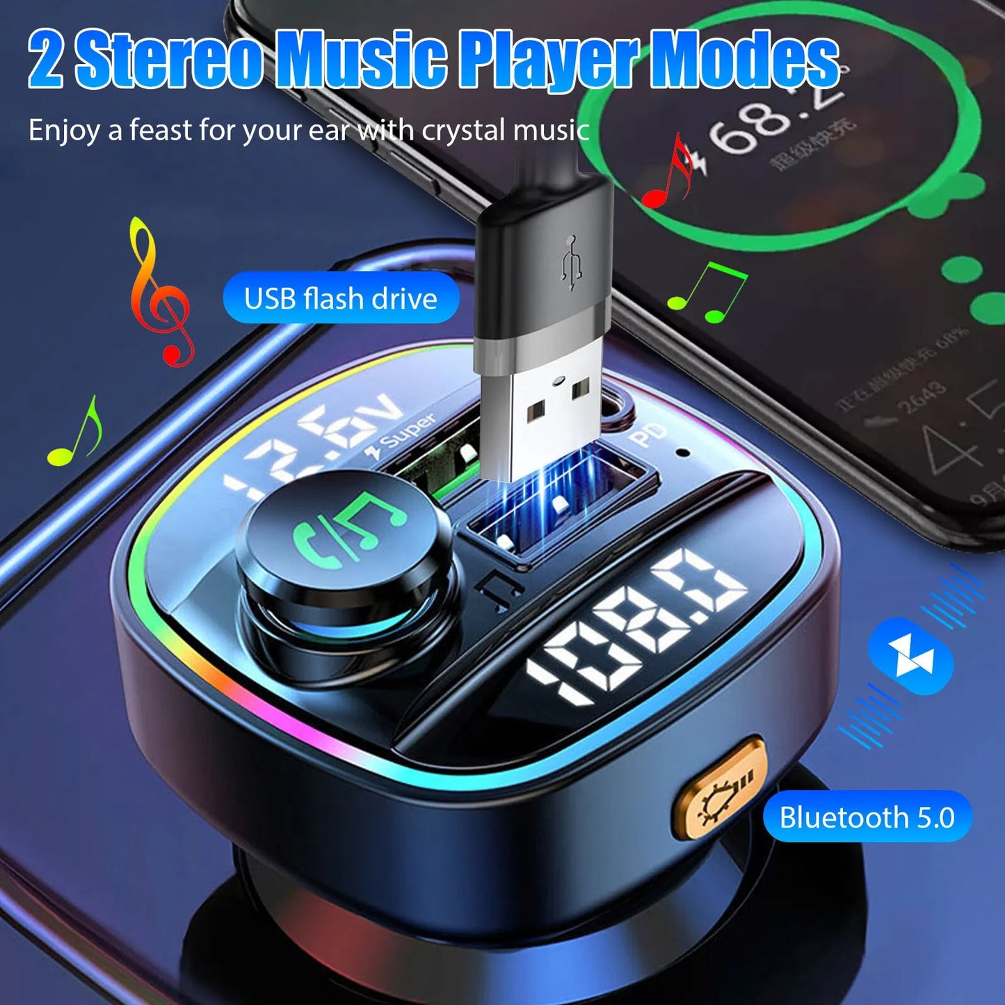 Bluetooth 5.0 Car Wireless FM Transmitter Adapter USB PD Charger AUX Hands-Free Noise Reduction Audio Receiver Car Kit Handsfree Dual DC-Powered by People
