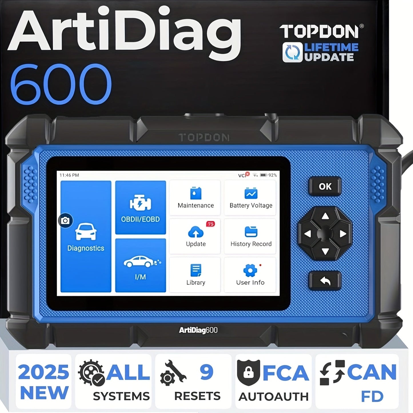 TOPDON AD600 OBD2 Code Reader And Diagnostic for ABS, SRS, AT, And Engine, Featuring 9 Reset Services Including Oil, Brake, BMS, SAS, DPF, TPMS, ETS Reset, ABS Bleeding, And Injector Coding, with Free Lifetime Updates ferrersa