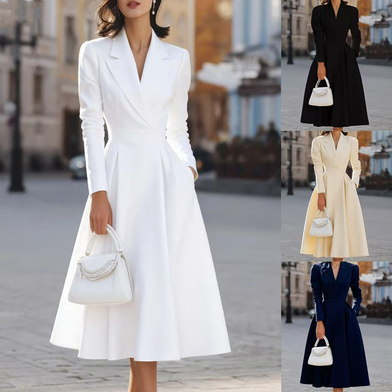 Women's V-Neck Long Sleeve Midi Dress With Pockets - Elegant Swing A-Line Party Dress For Wedding Guest ferrersa