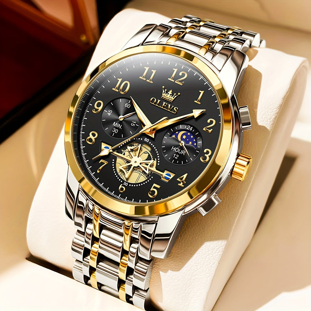 Black Stainless Steel Men's Watch - OLEVS Dress Classic Business Luxury Big Face with Calendar, Luminous Easy to Read Wrist Watch ferrersa