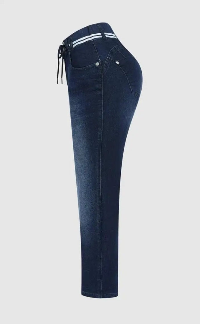 Athleisure Style Skinny Jeans For Women, Mid-Rise Pull-On Denim With A Sporty Drawstring Waist, Butt-Lifting Dark Wash Jeggings ferrersa
