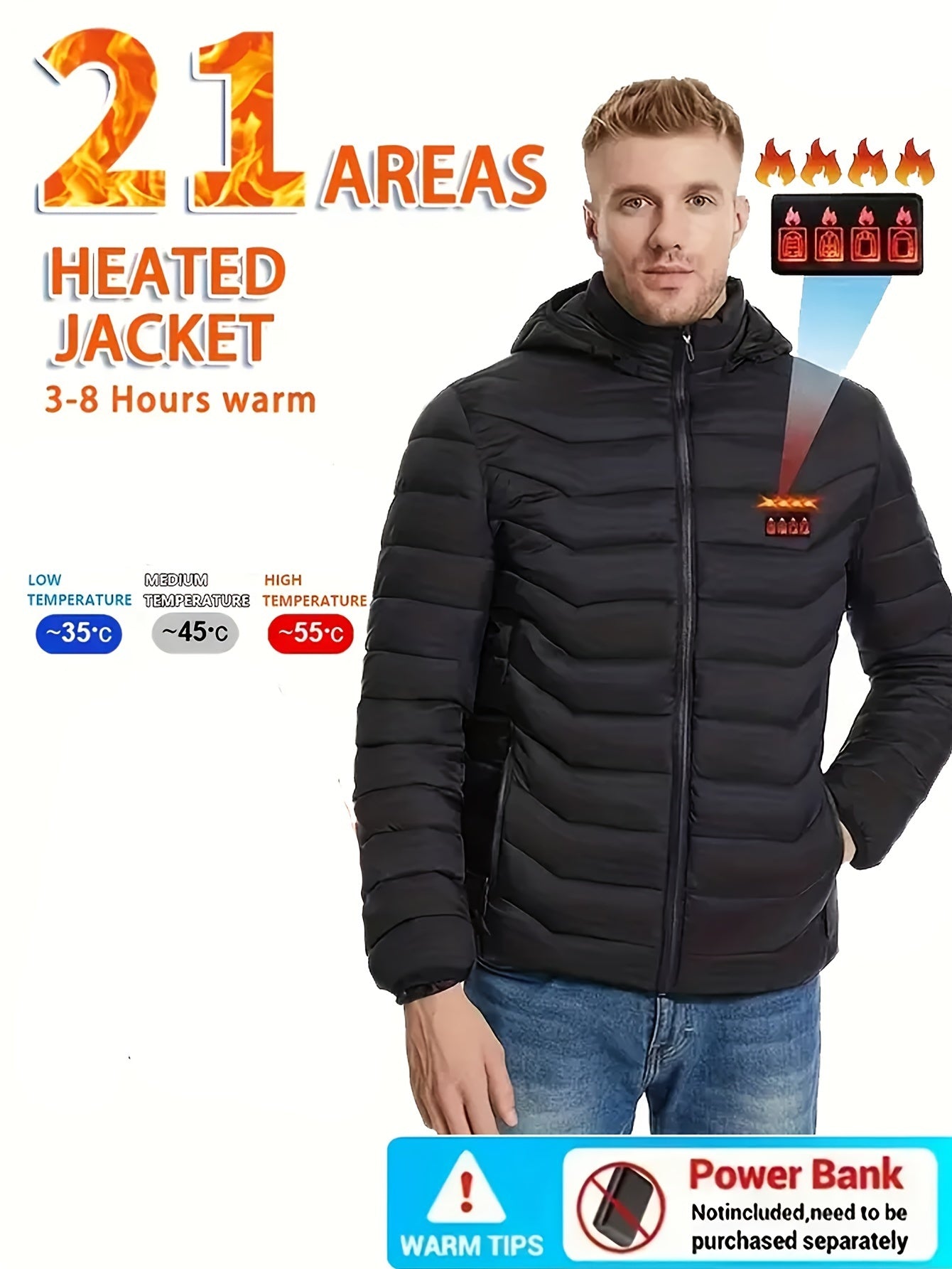 Men's Smart Heating Jacket with 21 Zones - USB Rechargeable, Warm & Cozy for Fall/Winter, Machine Washable, Polyester, Hooded Design ferrersa