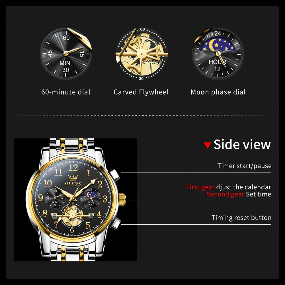 Black Stainless Steel Men's Watch - OLEVS Dress Classic Business Luxury Big Face with Calendar, Luminous Easy to Read Wrist Watch ferrersa