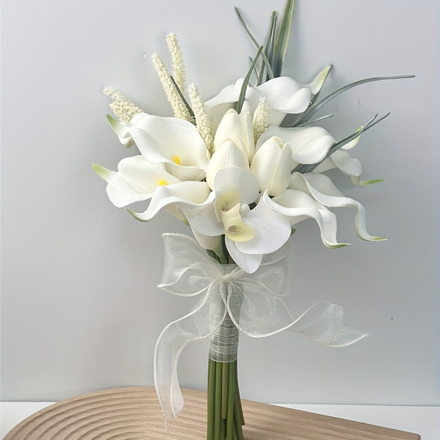 Elegant White Artificial Calla Lily Bouquet with Ribbon - Realistic Fake Lilies Suitable for Wedding Bouquets, Engagement, Valentine's Day Centerpieces, Spring Decorations - Plastic Flowers for & Events ferrersa