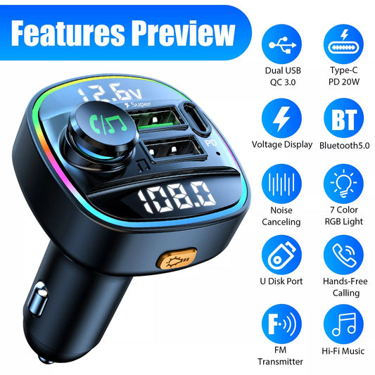 Bluetooth 5.0 Car Wireless FM Transmitter Adapter USB PD Charger AUX Hands-Free Noise Reduction Audio Receiver Car Kit Handsfree Dual DC-Powered by People