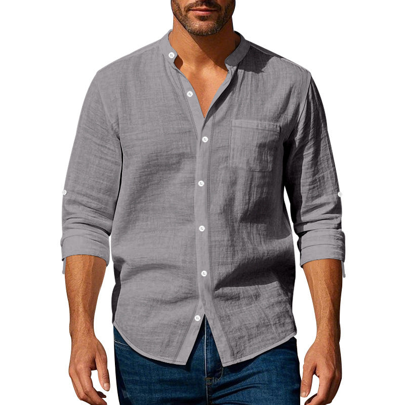 Long Sleeve Stand Collar Shirt With Pockets Casual Men's Clothing ferrersa