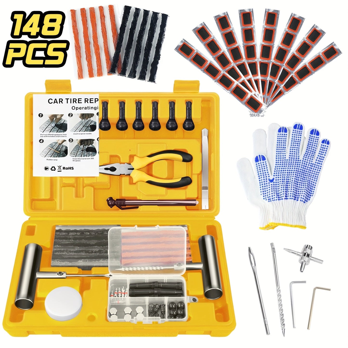 [Heavy Duty Tire Repair Kit] 148pcs Heavy Duty Tire Repair Kit | Portable Ultimate Tubeless Tire Plug Kit to Fix Punctures and Plug Flats Patch for Car Motorcycle Truck ATV RV Trailer ferrersa