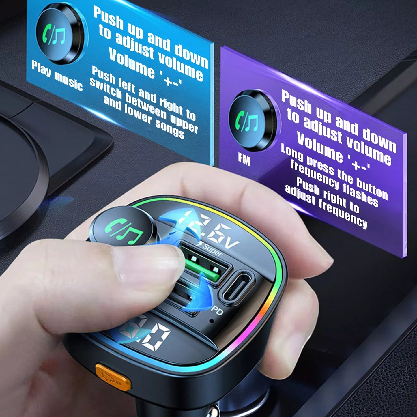 Bluetooth 5.0 Car Wireless FM Transmitter Adapter USB PD Charger AUX Hands-Free Noise Reduction Audio Receiver Car Kit Handsfree Dual DC-Powered by People