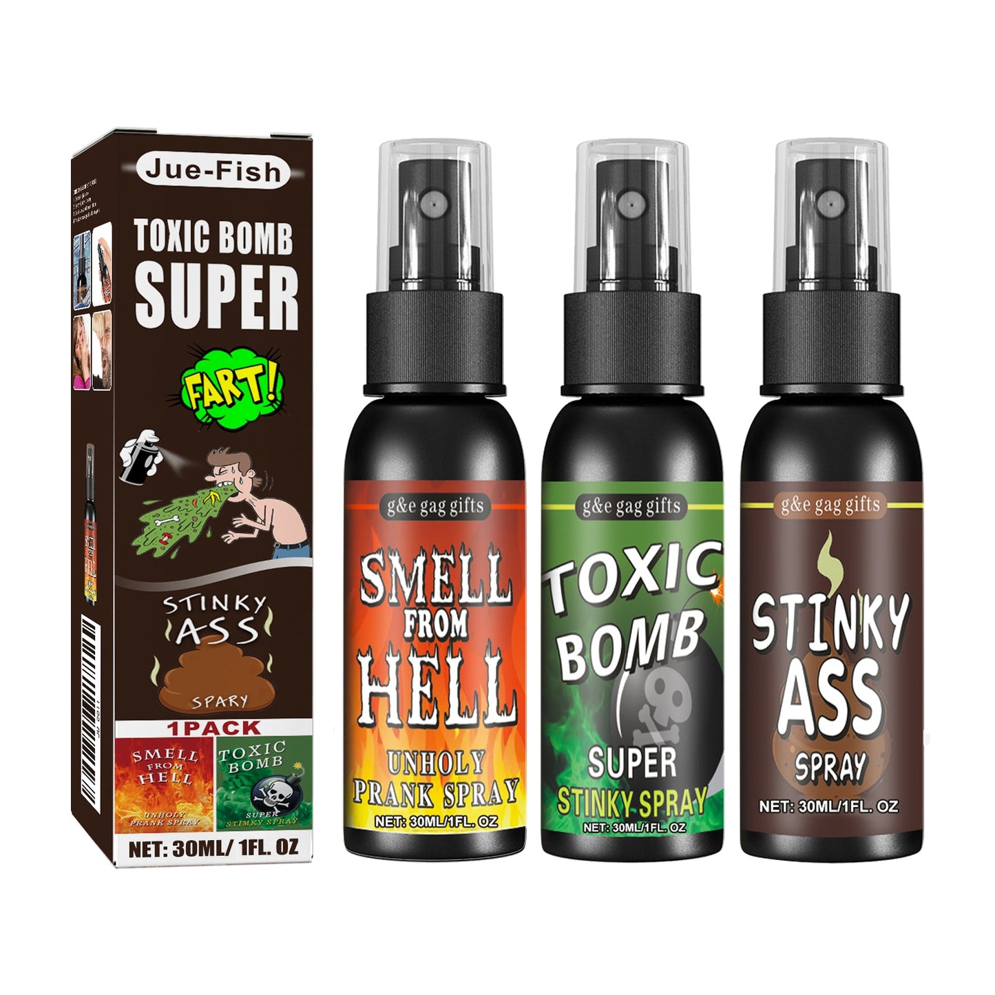Jue-Fish Stinky Fart Spray (Set) April Fool's Day Prank Liquid Toy Parody Stinky Entertainment Poop Hell Bomb Smell eprolo