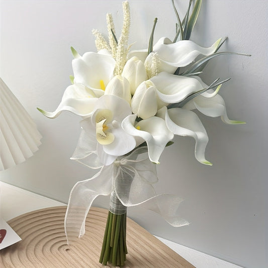 Elegant White Artificial Calla Lily Bouquet with Ribbon - Realistic Fake Lilies Suitable for Wedding Bouquets, Engagement, Valentine's Day Centerpieces, Spring Decorations - Plastic Flowers for & Events ferrersa