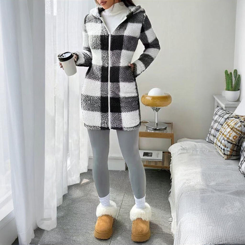 Women's Long Sleeve Plaid Long Hooded Sherpa Coat, Soft Fleece Lined Jacket With Pockets For Winter ferrersa