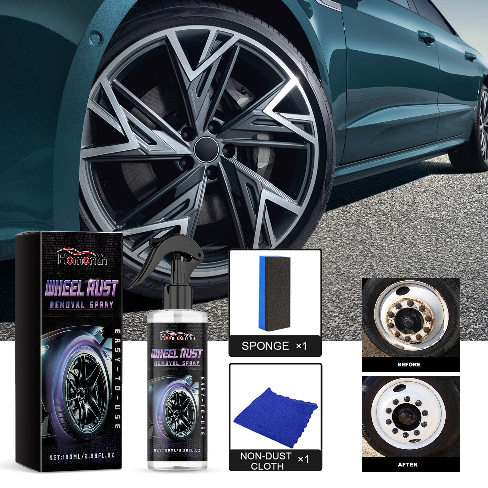 Wheel Rust Removal Spray, Automobile Tire Wheel Rust Cleaning Rust Removal Renovation Decontamination Brightener eprolo