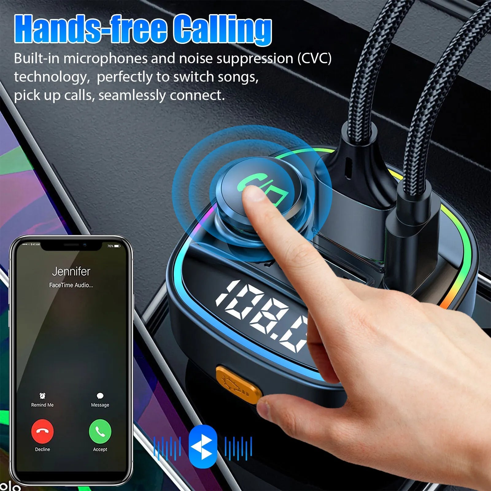Bluetooth 5.0 Car Wireless FM Transmitter Adapter USB PD Charger AUX Hands-Free Noise Reduction Audio Receiver Car Kit Handsfree Dual DC-Powered by People