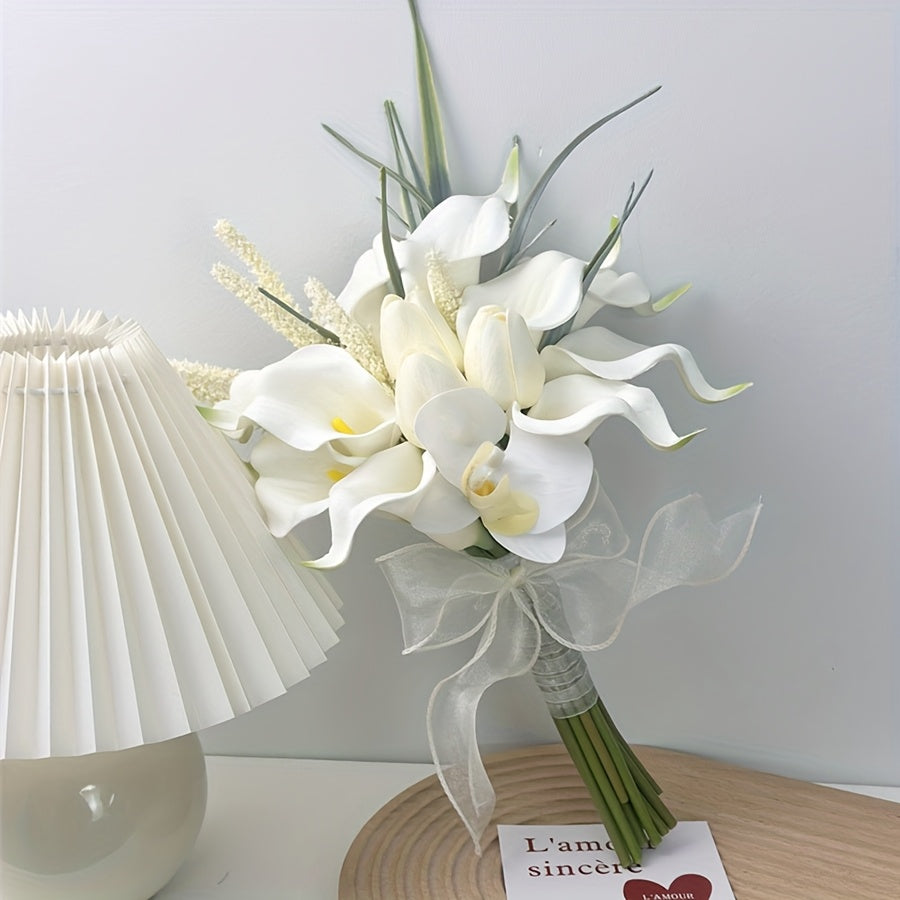Elegant White Artificial Calla Lily Bouquet with Ribbon - Realistic Fake Lilies Suitable for Wedding Bouquets, Engagement, Valentine's Day Centerpieces, Spring Decorations - Plastic Flowers for & Events ferrersa