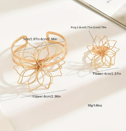 Lxalry Fashion Women's Jewelry Set, Elegant Geometric Lattice Flower Ring, Double-Layer Smooth Open Adjustable Bracelet With Inlaid Lattice Line Flower Bracelet, Suitable For Everyday, Wedding Party ferrersa