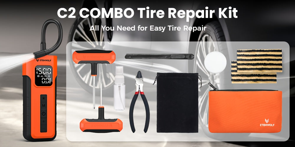 ETENWOLF C2 Combo Tire Repair Kit Wireless Tire Inflator For Cars, 4000mAh Battery Air Pump, Fast Car Tire Pump For Motorcycles, Bikes, Balls, LED Light For Emergency. Set Includes: Diagonal Pliers, A Tire Inflator, Lubricant ferrersa