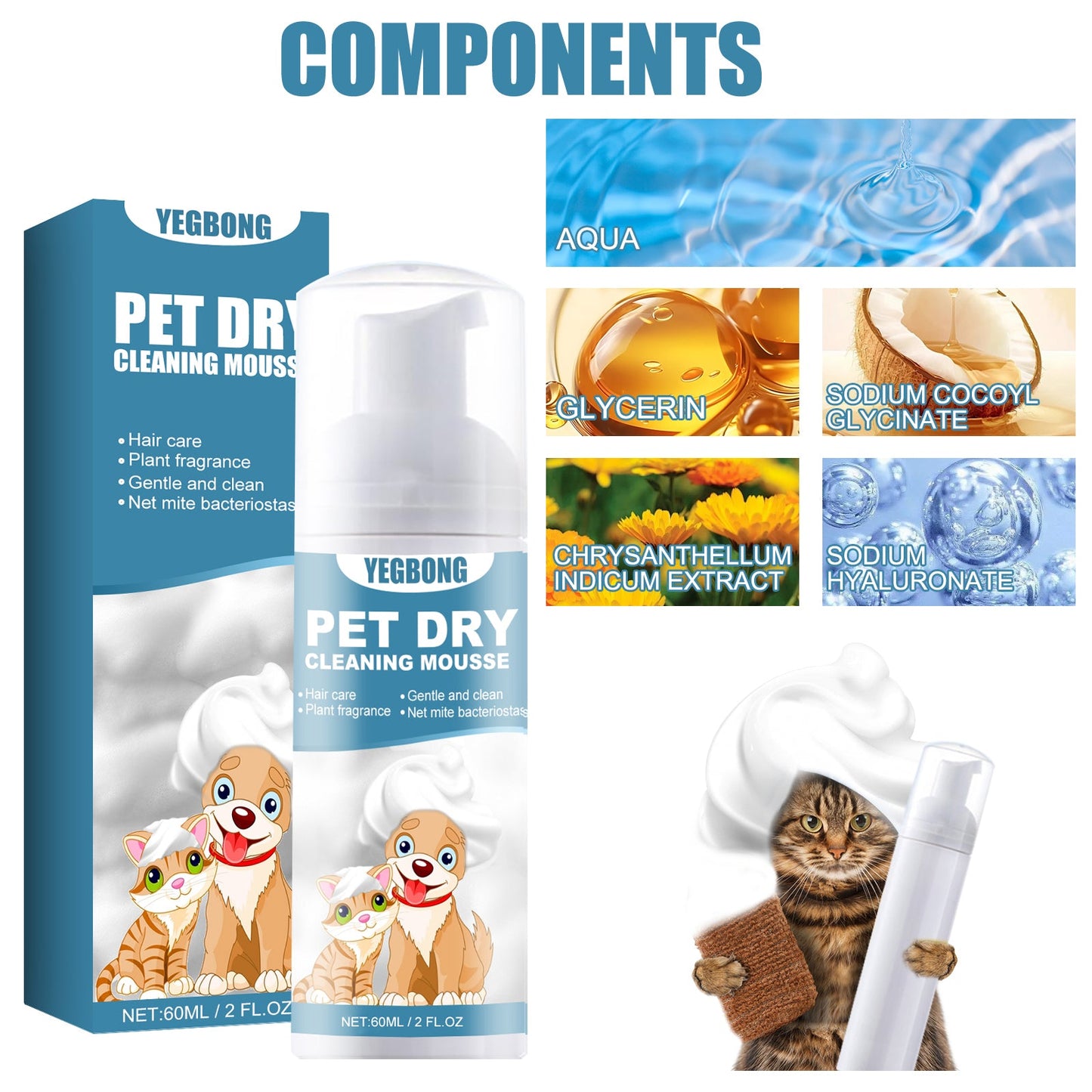 Yegbong Pet Dry Cleaning Mousse Body Wash For Young Cats And Dogs Wash Free To Remove Odor And Smooth Hair Cleaning eprolo