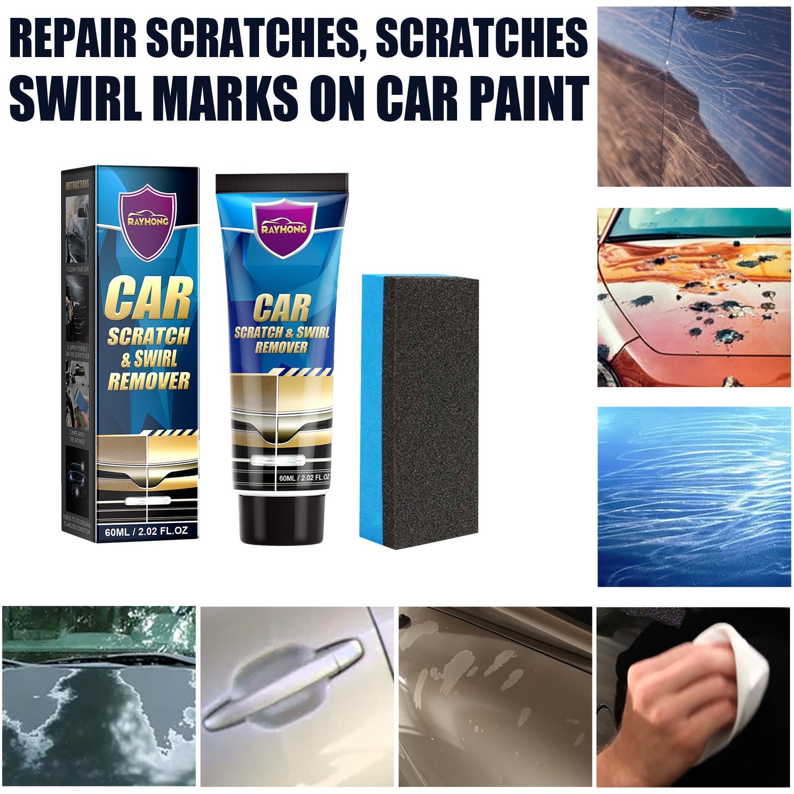 Rayhong Car Scratch Repair Cream, Car Maintenance Refurbishment Paint Scratches Scratches Polishing Paint Repair Paste eprolo