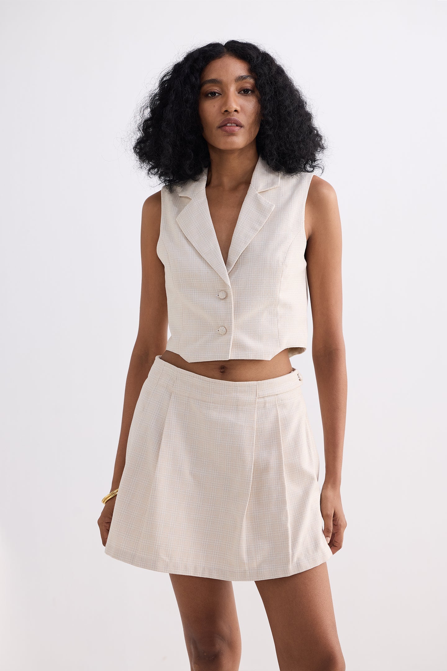 Cropped Cotton Tweed Vest Set in Cream DC-Reistor