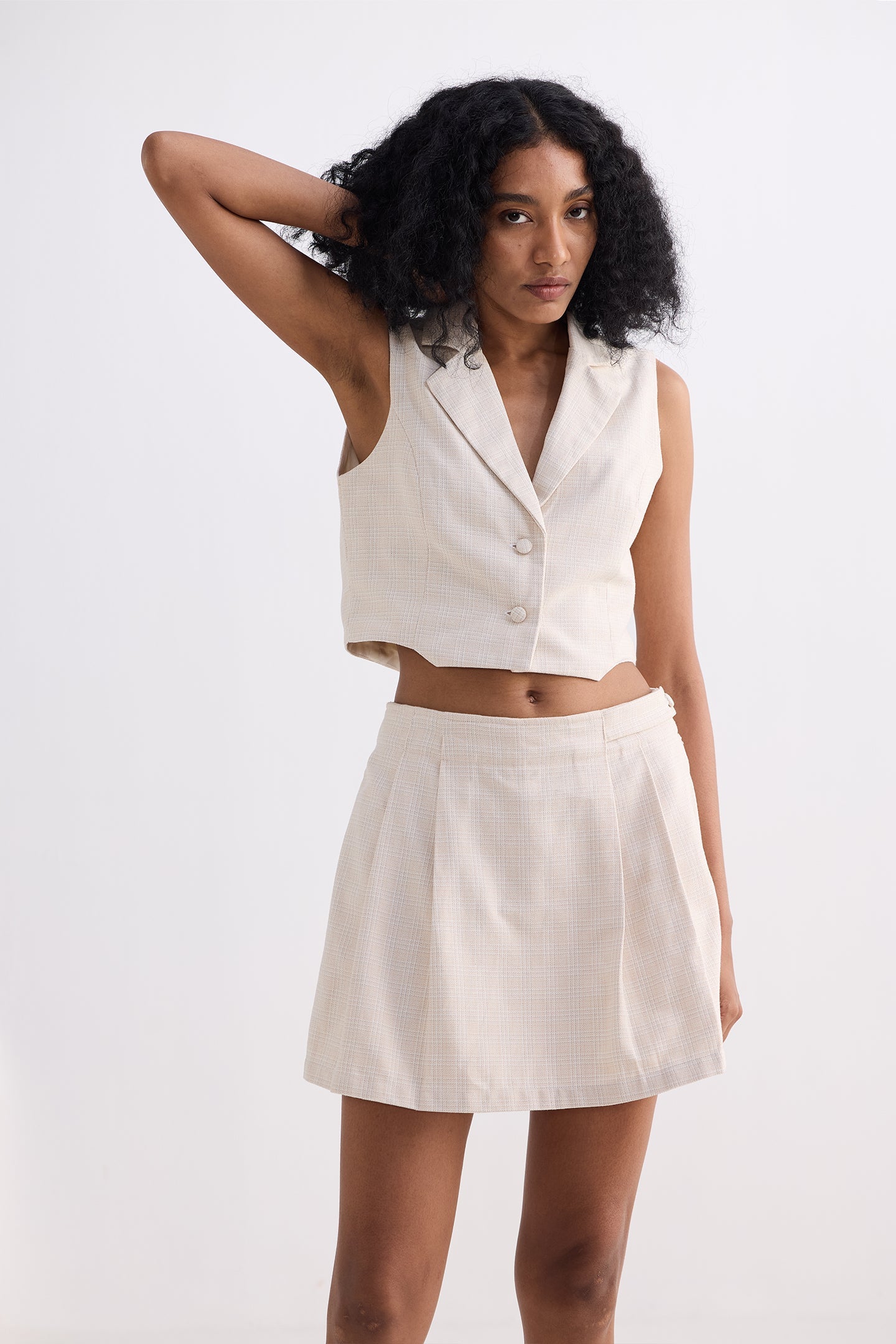 Cropped Cotton Tweed Vest Set in Cream DC-Reistor