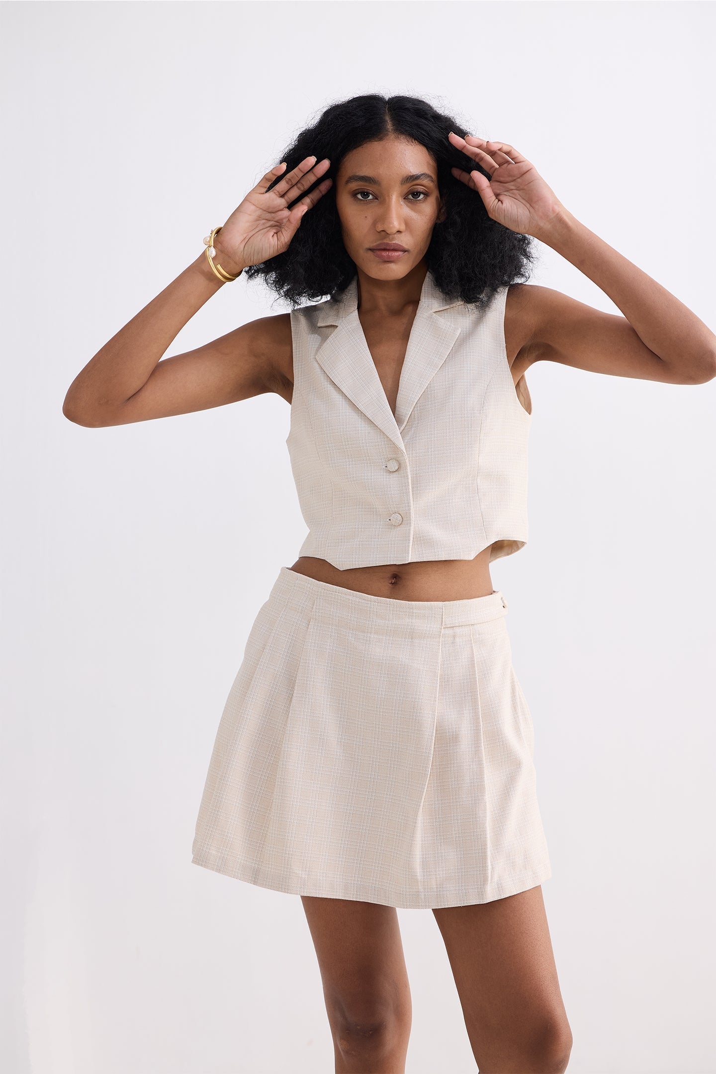 Cropped Cotton Tweed Vest Set in Cream DC-Reistor