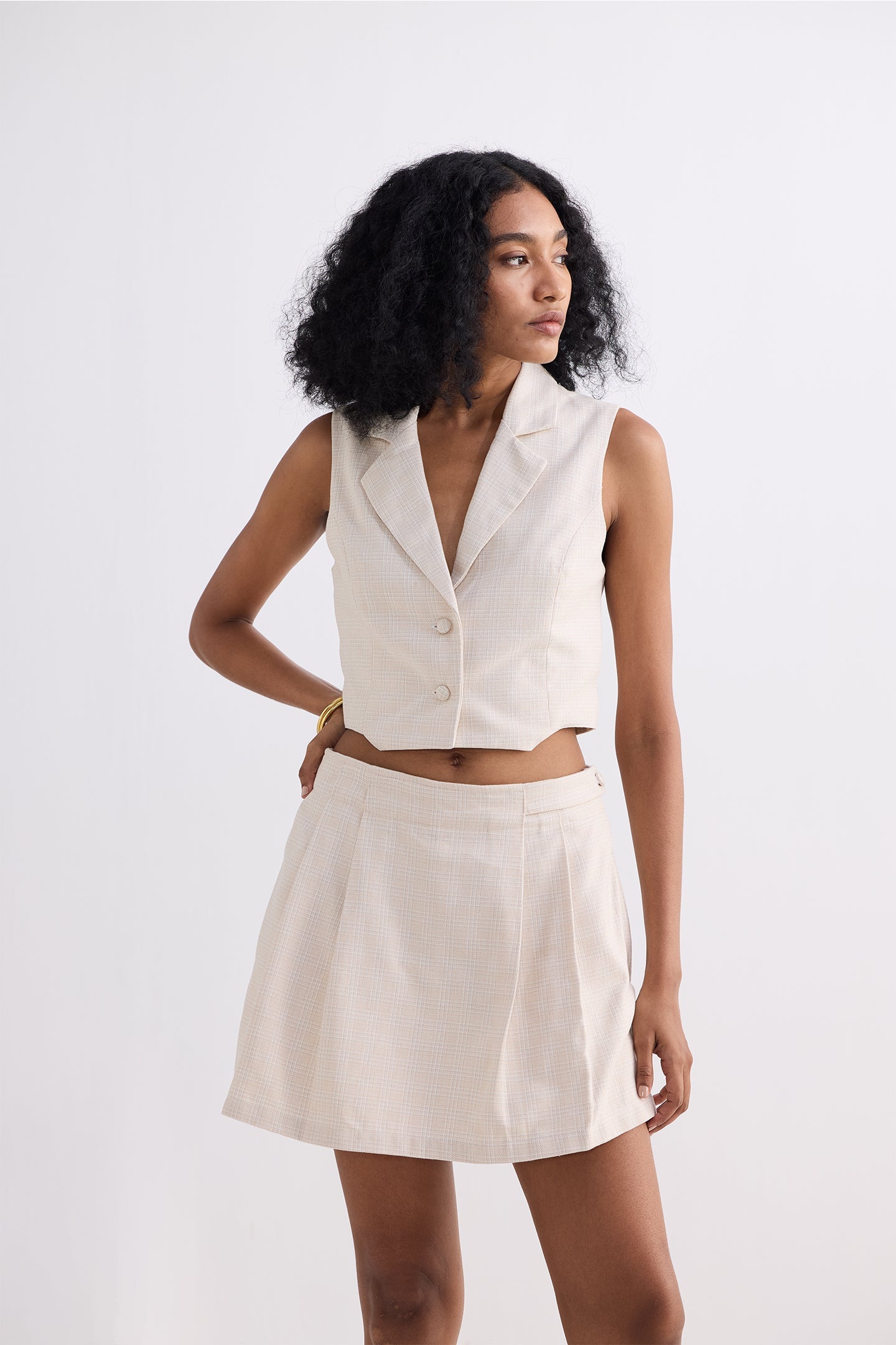 Cropped Cotton Tweed Vest Set in Cream DC-Reistor