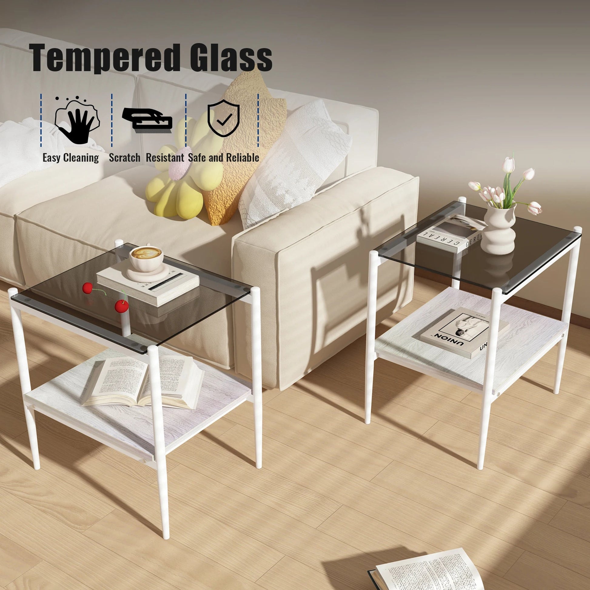 New Modern Grey Tempered Glass Table Two Side Tables Sets Bedside Table for Living Room Furniture Free Shipping ferrersa