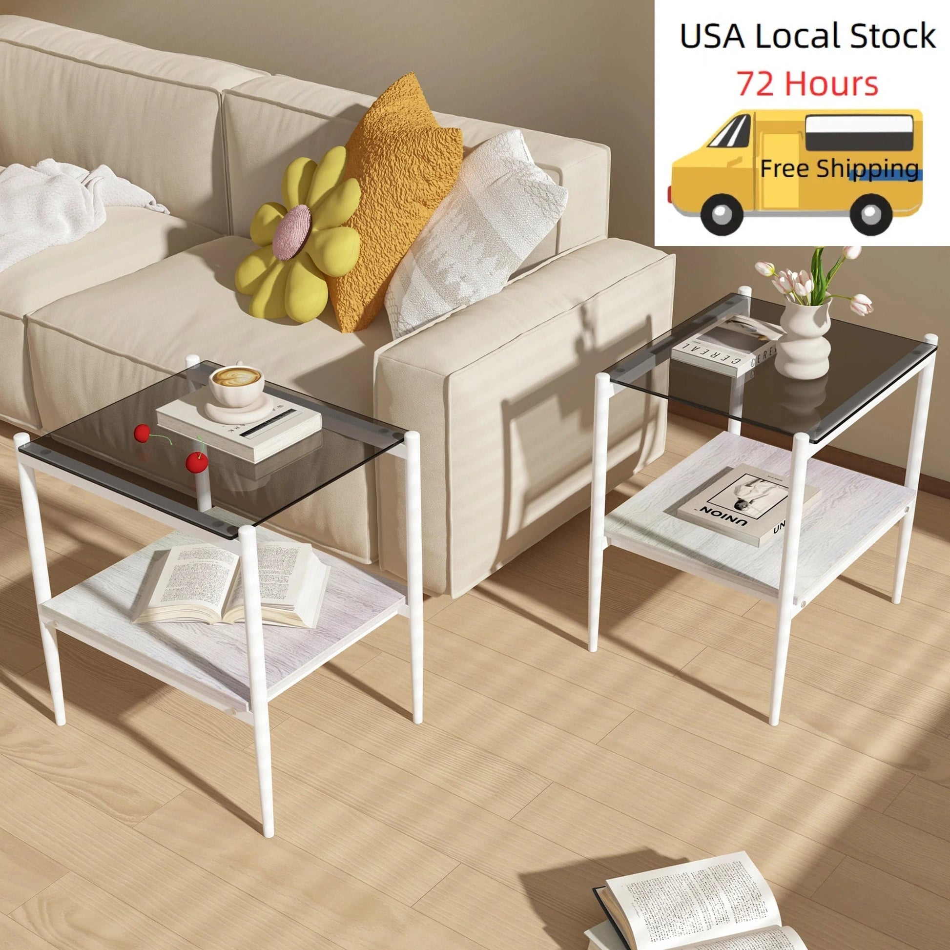 New Modern Grey Tempered Glass Table Two Side Tables Sets Bedside Table for Living Room Furniture Free Shipping ferrersa