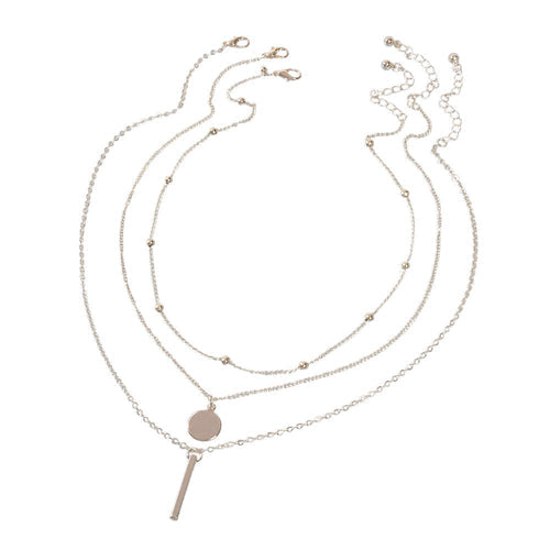Boho Multi-Layer 3pcs Bar Disc Charm Metal Round Beads Chain Choker ferrersa