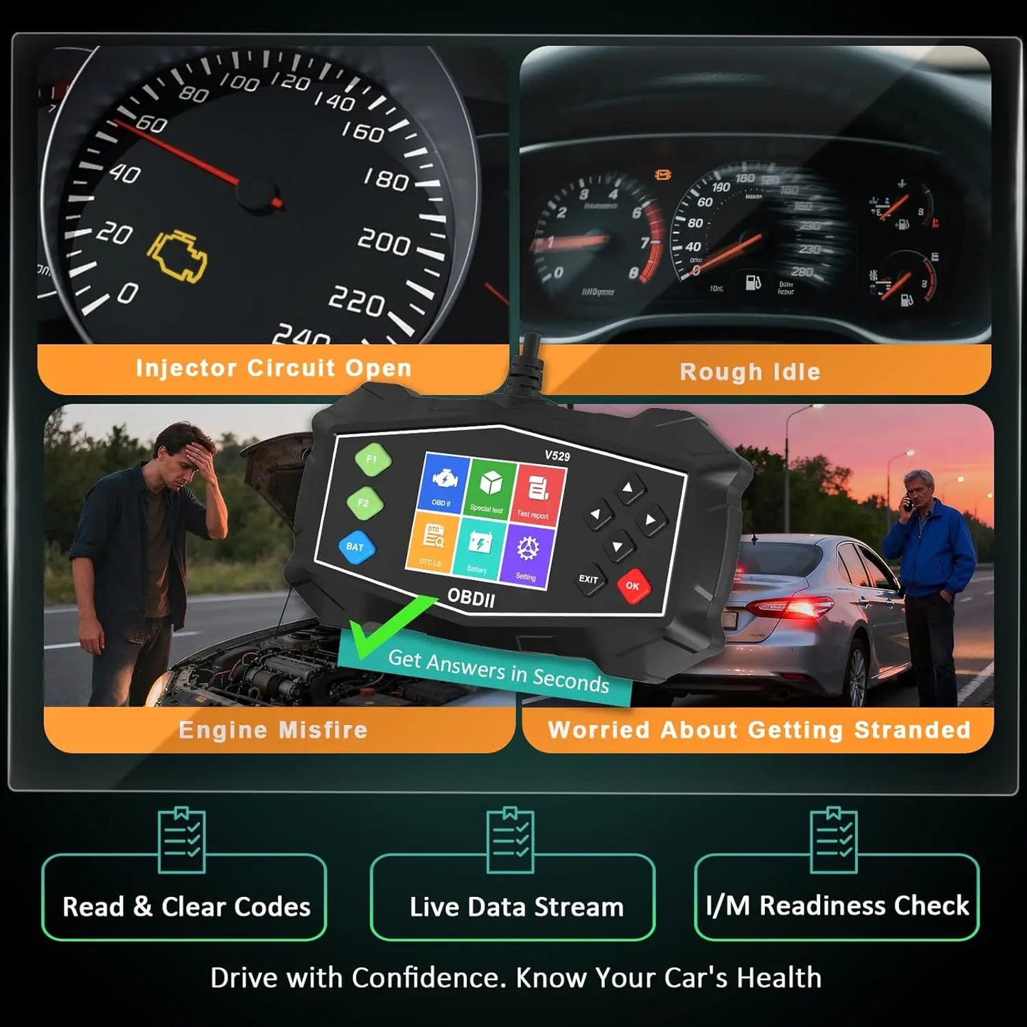 Escaner Automotriz OBD2 Scanner, Automotive Diagnostic Scan Tool, Read/Clear Codes, I/M Readiness, DTC Lookup for Smog Check