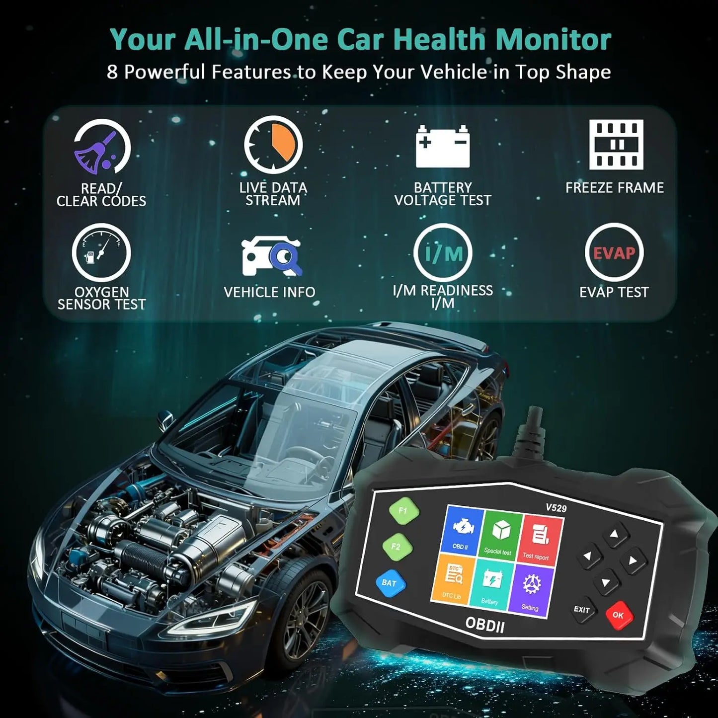 Escaner Automotriz OBD2 Scanner, Automotive Diagnostic Scan Tool, Read/Clear Codes, I/M Readiness, DTC Lookup for Smog Check