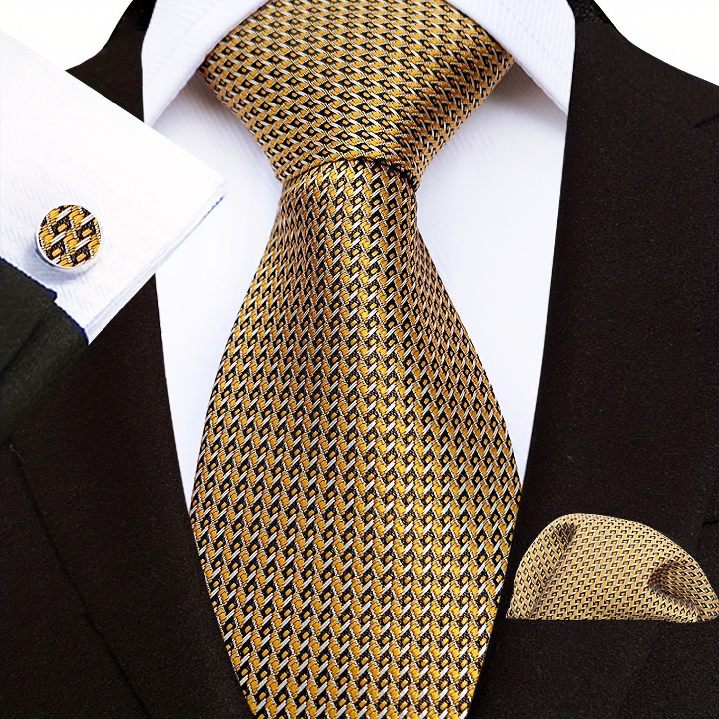 Men's Tie3pcs Business Set: 3.15inch Hand-made Tie for Men, Tie, Cufflinks, Pocket Square. Business Set Suitable for Parties, Dates, Weddings, Suit Accessories, and Gifts. ferrersa
