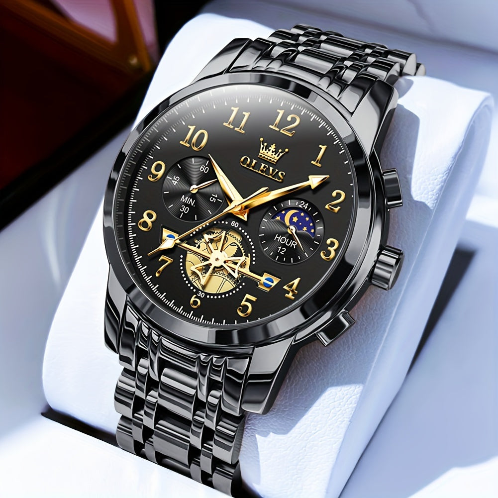 Black Stainless Steel Men's Watch - OLEVS Dress Classic Business Luxury Big Face with Calendar, Luminous Easy to Read Wrist Watch ferrersa
