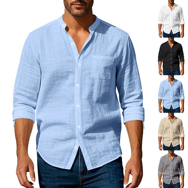 Long Sleeve Stand Collar Shirt With Pockets Casual Men's Clothing ferrersa