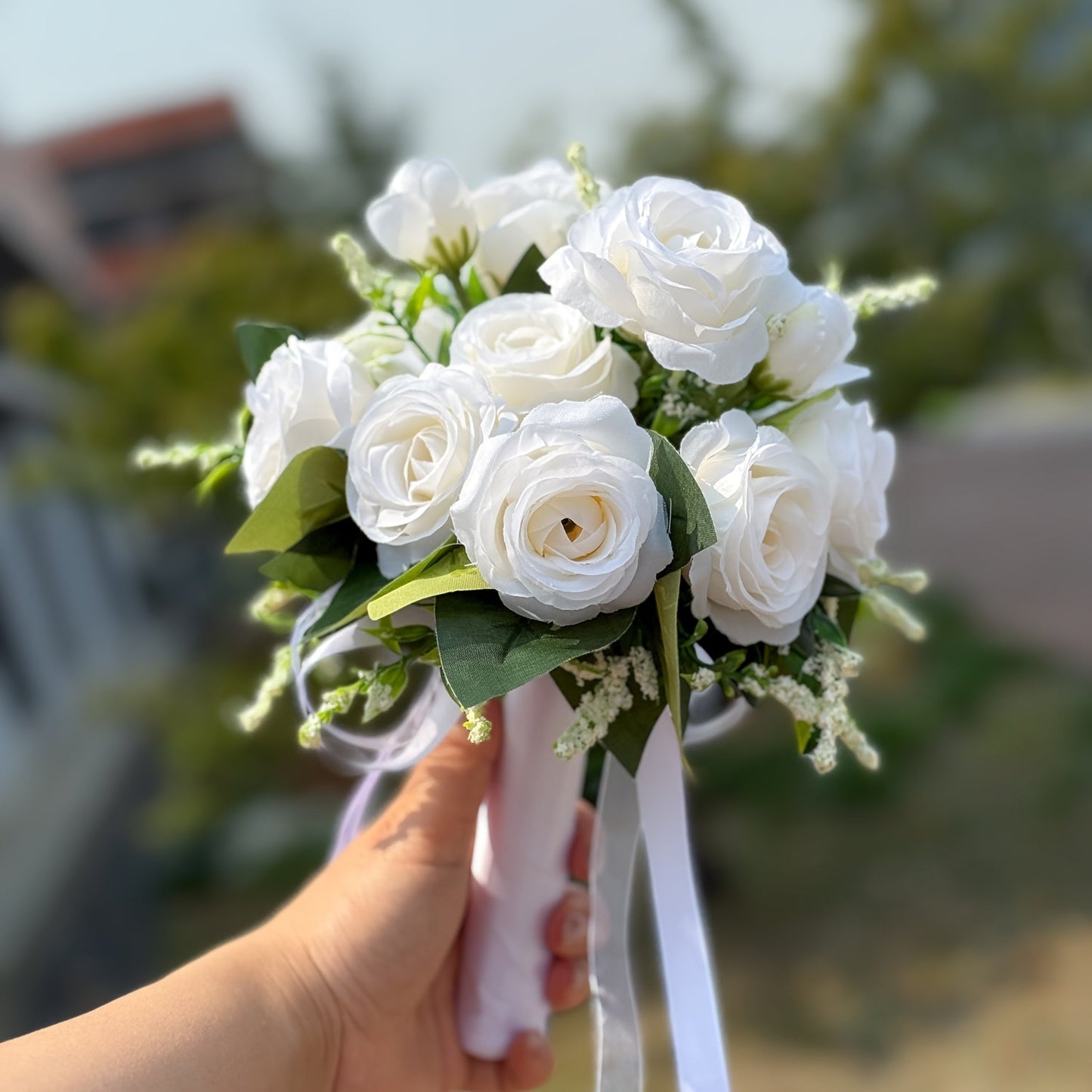 One Elegant Fake Rose Bouquet for The Bride Or Bridesmaid, Measuring 9.8 by 8.6 Inches, Featuring Simulated Roses with Green Foliage And Ribbon Decoration, Ideal for Weddings, Engagements, Parties, And As a Gift for Anniversa ferrersa