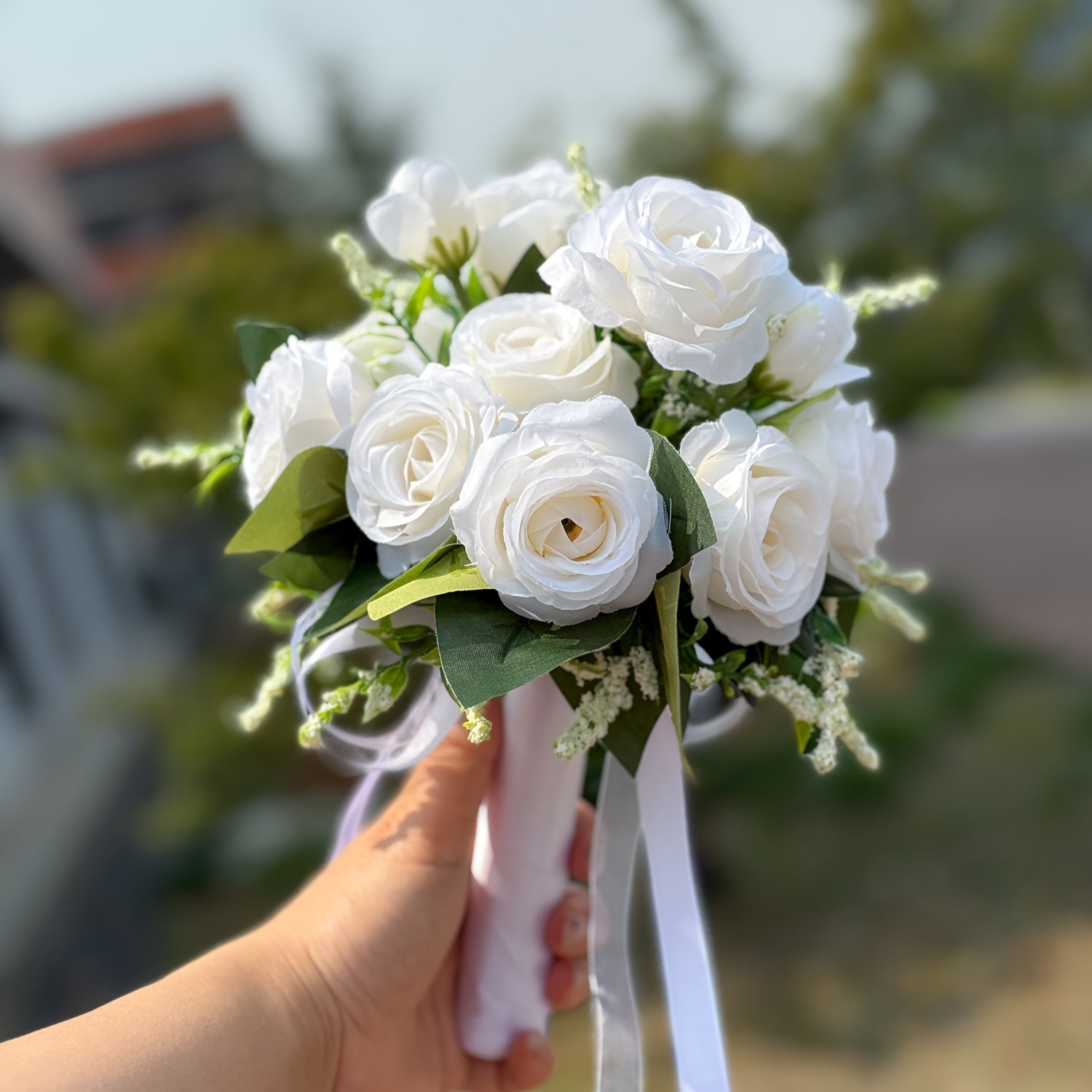 One Elegant Fake Rose Bouquet for The Bride Or Bridesmaid, Measuring 9.8 by 8.6 Inches, Featuring Simulated Roses with Green Foliage And Ribbon Decoration, Ideal for Weddings, Engagements, Parties, And As a Gift for Anniversa ferrersa