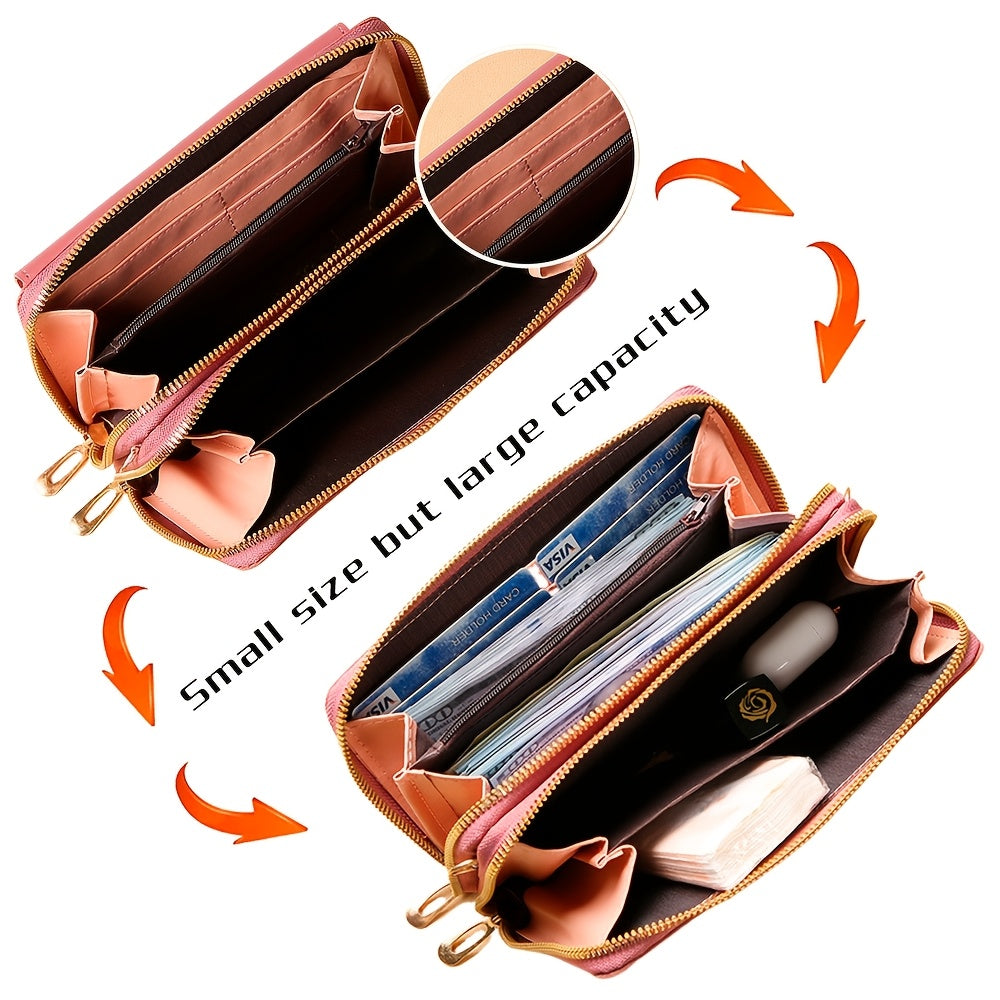 Women'S Large Capacity Multi-Functional Phone Wallet with Double-Layer Zipper Closure - Convertible Crossbody Bag & Card Holder, Golden-Tone Hardware, Detachable Strap, Cash Pocket & Phone Compartment - Stylish & Portable Tra ferrersa