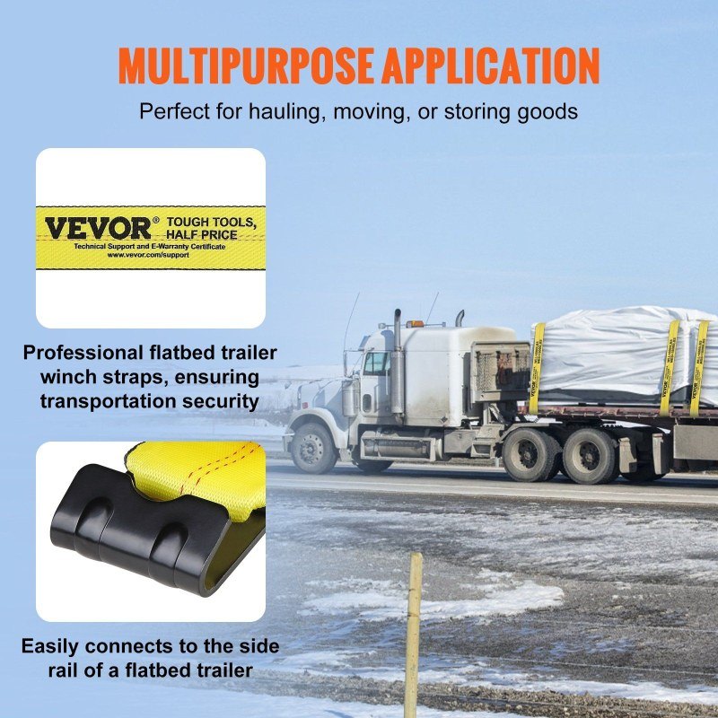 VEVOR Winch Straps, 4x 30', 6000 Lbs Load Capacity, 18000 Lbs Break Strength, Truck Straps with Flat Hook, Flatbed Tie Downs Cargo Control Trailers, Farms, Rescues, Tree Saver, Yellow (4 Pack) ferrersa