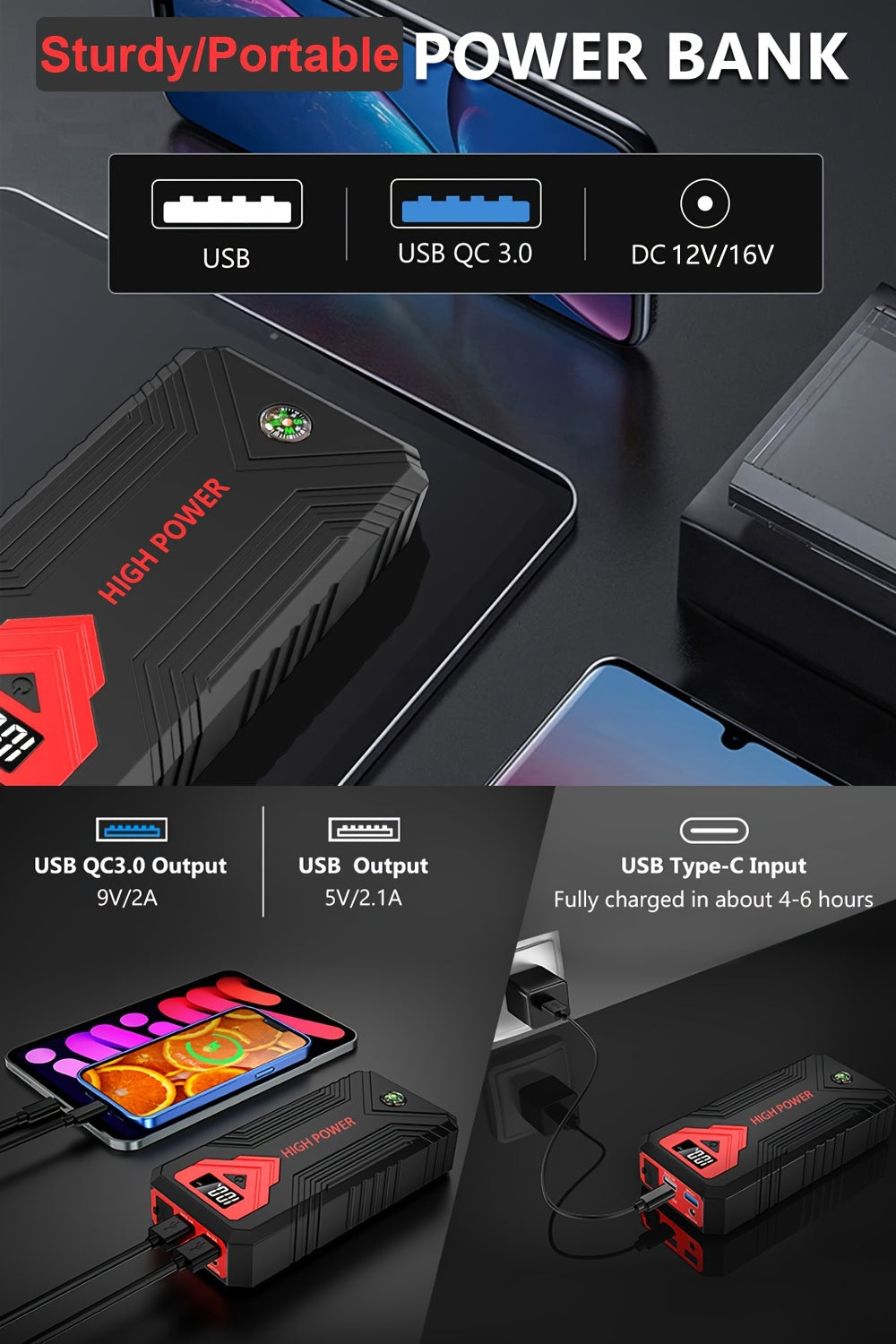 [Portable Car Jump Starter] 2500A Portable 12V Car Jump Starter Power Bank - Battery Booster Charger Starting Device for Petrol Diesel Car Starter Buster (6.0L Gas or 5.0L Diesel Engine) ferrersa