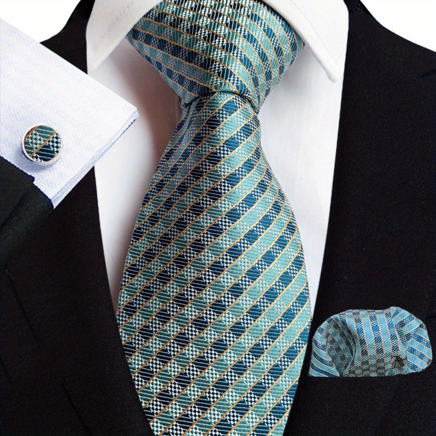 Men's Tie3pcs Business Set: 3.15inch Hand-made Tie for Men, Tie, Cufflinks, Pocket Square. Business Set Suitable for Parties, Dates, Weddings, Suit Accessories, and Gifts. ferrersa