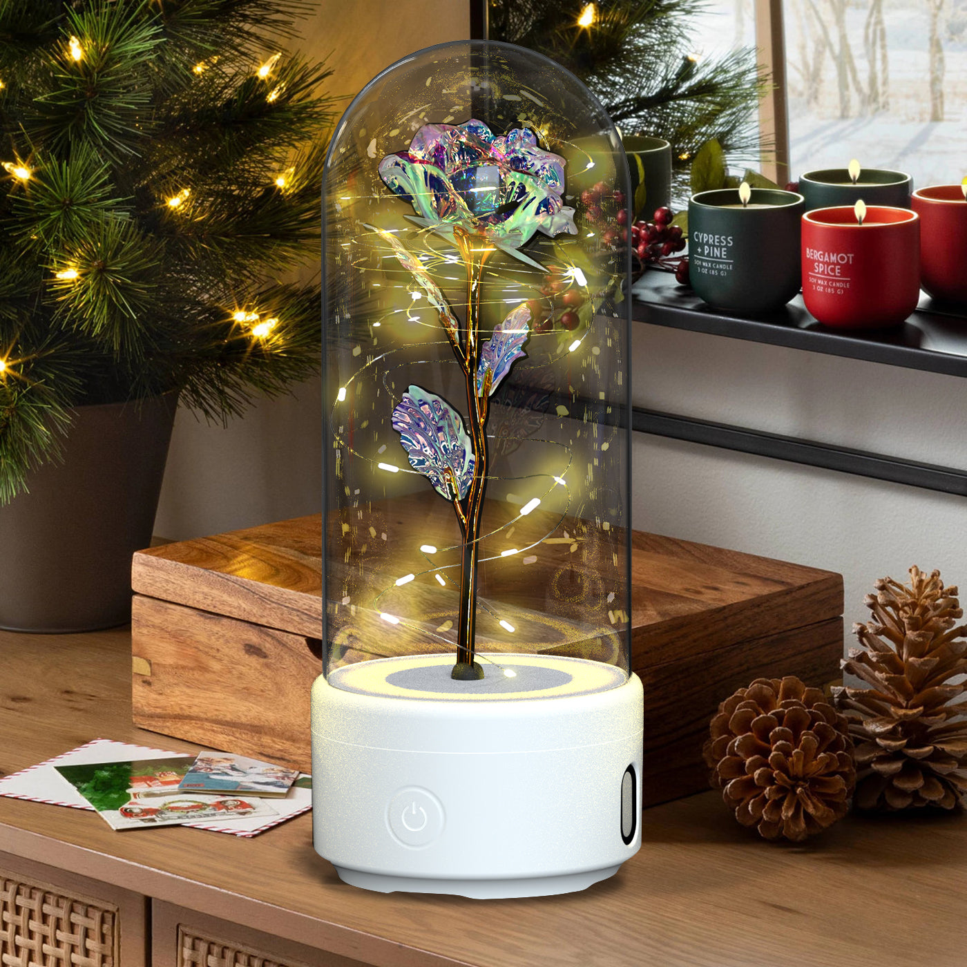 Creative 2 In 1 Rose Flowers LED Light And Bluetooth-compatible Speaker Valentine's Day Gift Rose Luminous Night Light Ornament In Glass Cover ferrersa