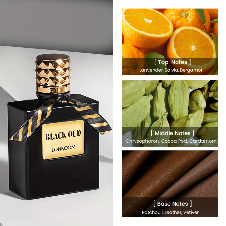 LONKOOM BLACK OUD, a Woody Aromatic Fragrance for Men, Features a Luxurious Texture And Opulent Oriental Charm. It Includes Notes of Lavender, Sage, Bergamot, Chrysophoron, Cocoa Pod, Cardamom, Patchouli, Leather ferrersa