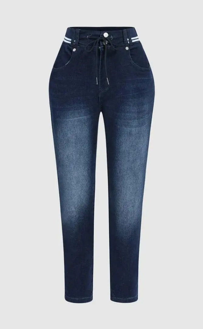 Athleisure Style Skinny Jeans For Women, Mid-Rise Pull-On Denim With A Sporty Drawstring Waist, Butt-Lifting Dark Wash Jeggings ferrersa