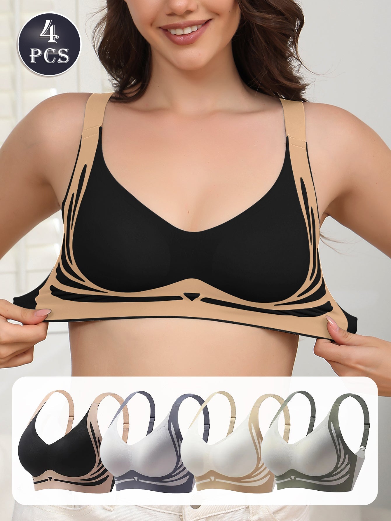 4PCS EssElegance Push-Up Seamless Bra Set - Adjustable Straps & Wire-Free Support For Daily Wear, Ultra-Soft Breathable Fabric ferrersa