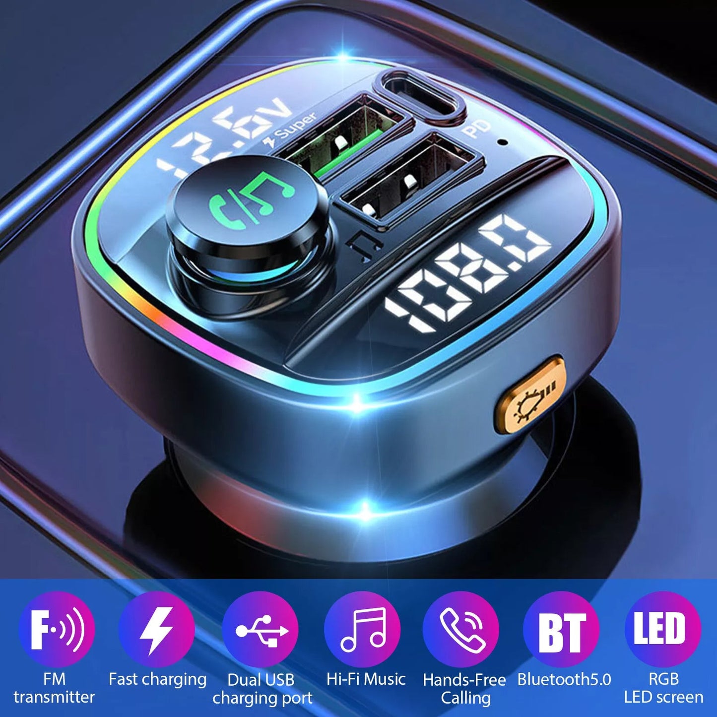 Bluetooth 5.0 Car Wireless FM Transmitter Adapter USB PD Charger AUX Hands-Free Noise Reduction Audio Receiver Car Kit Handsfree Dual DC-Powered by People